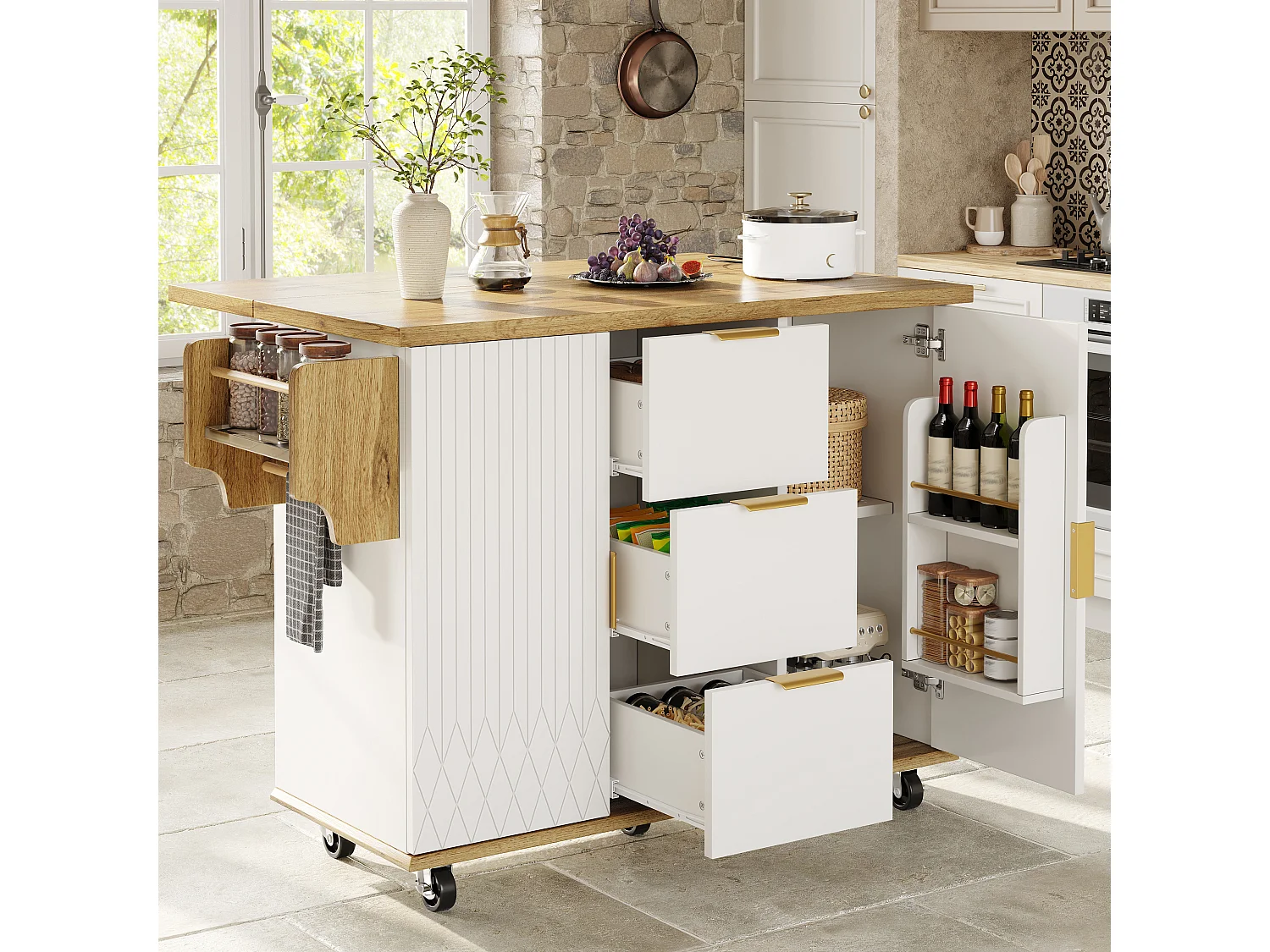 Centraal kookeiland met neerklapbaar werkblad - 134 x 46/74 x 88 cm - met opbergdeuren en -lades - MDF en metaal - wit