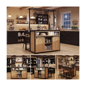 Centraal eiland met werkblad – 107 x 62 x 183 cm – met plank + schuifdeuren – MDF + metaal – naturel
