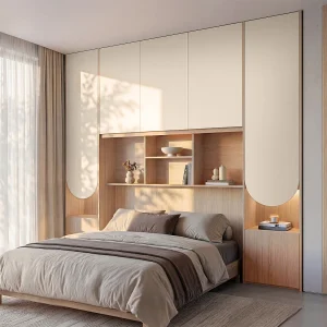 Bedombouw met opbergruimte met leds B266 cm beige en naturel – DOMELITO Bedombouw met opbergruimte met leds B266 cm beige en naturel – DOMELITO