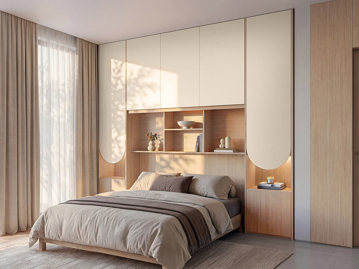 Bedombouw met opbergruimte met leds B266 cm beige en naturel - DOMELITO