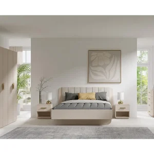 Complete kamer AMALIE beige – Bed 160×200 cm met lattenbodem, kledingkast, dressoir en 2 nachtkastjes