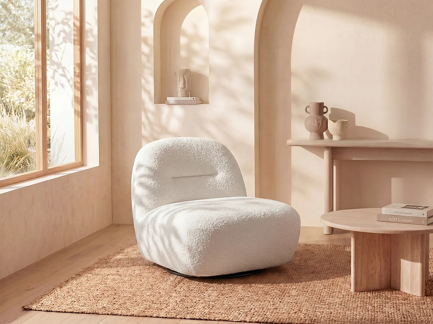 Draaibare fauteuil van witte boucléstof POZETI
