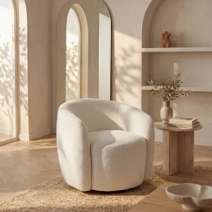Draaibare fauteuil van witte boucléstof VEREIDE