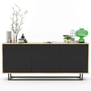 Commode met 3 deuren – corpus eiken wotan, fronten zwart mat – 168 cm, metalen frame Commode met 3 deuren – corpus eiken wotan, fronten zwart mat – 168 cm, metalen frame