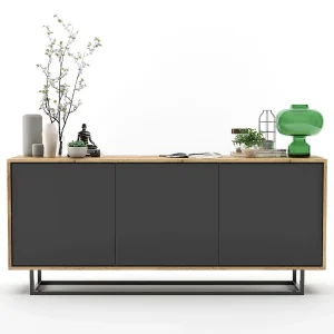 Commode met 3 deuren – corpus eiken wotan fronten grafiet mat – 168 cm, metalen frame Commode met 3 deuren – corpus eiken wotan fronten grafiet mat – 168 cm, metalen frame