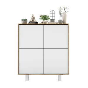 Commode met 4 deuren – corpus eiken wotan fronten wit mat – 113 cm, metalen poten Commode met 4 deuren – corpus eiken wotan fronten wit mat – 113 cm, metalen poten