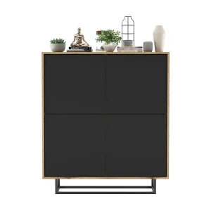 Commode met 4 deuren – corpus eiken wotan, fronten zwart mat – 113 cm, metalen frame Commode met 4 deuren – corpus eiken wotan, fronten zwart mat – 113 cm, metalen frame