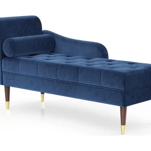 Chaise Longue van fluweelstof, relaxfauteuil met armleuningen en cilindrisch lendenkussen voor woonkamer, appartement, kleine ruimte – Blauw