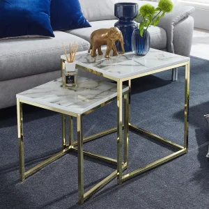 Bijzettafels Design Side – Witte marmerlook – Set van 2 met gouden frame Bijzettafels Design Side – Witte marmerlook – Set van 2 met gouden frame