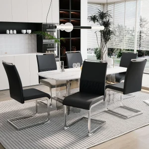 Moderne eetkamerstoel set van 6 – Hoge rugleuning gestoffeerde poten stoel kruisstrepen rugleuning voor eetkamer, keuken, kantoorstoel – Zwart