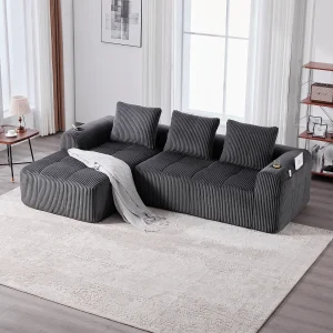 Compacte modulaire bank van corduroy met zijvakken en kussens, grijs Compacte modulaire bank van corduroy met zijvakken en kussens, grijs
