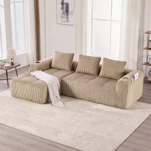 Compacte modulaire bank van corduroy met zijvakken en kussens, kaki Compacte modulaire bank van corduroy met zijvakken en kussens, kaki