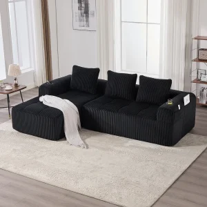 Compacte modulaire bank van corduroy met zijvakken en kussens, zwart Compacte modulaire bank van corduroy met zijvakken en kussens, zwart