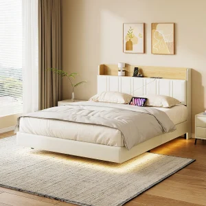 Design zwevend tweepersoonsbed met opbergruimte, multi-color LED's en USB-poorten – 140×200 cm – Wit imitatieleer & licht eiken Design zwevend tweepersoonsbed met opbergruimte, multi-color LED's en USB-poorten – 140×200 cm – Wit imitatieleer & licht eiken