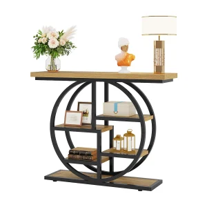 Consoletafel 105 cm, industriële 6-laags haltafel met ronde voet, smalle accenttafel