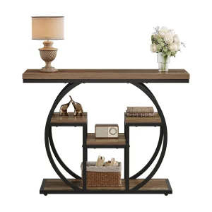 Consoletafel 105 cm, industriële salontafel, haltafel met ronde voet, smalle bijzettafels met opbergplanken