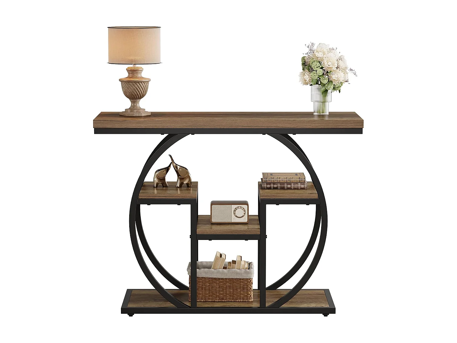 Consoletafel 105 cm, industriële salontafel, haltafel met ronde voet, smalle bijzettafels met opbergplanken