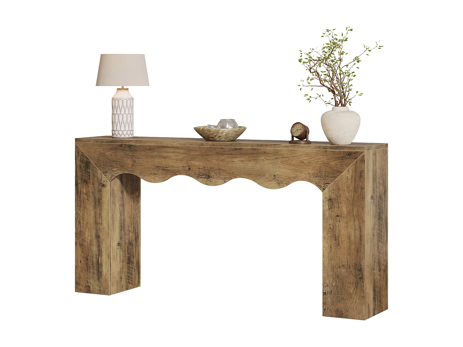 Consoletafel van 160 cm voor de hal, smalle entree tafel met golvend design, bijzettafel achter de bank in de hal.