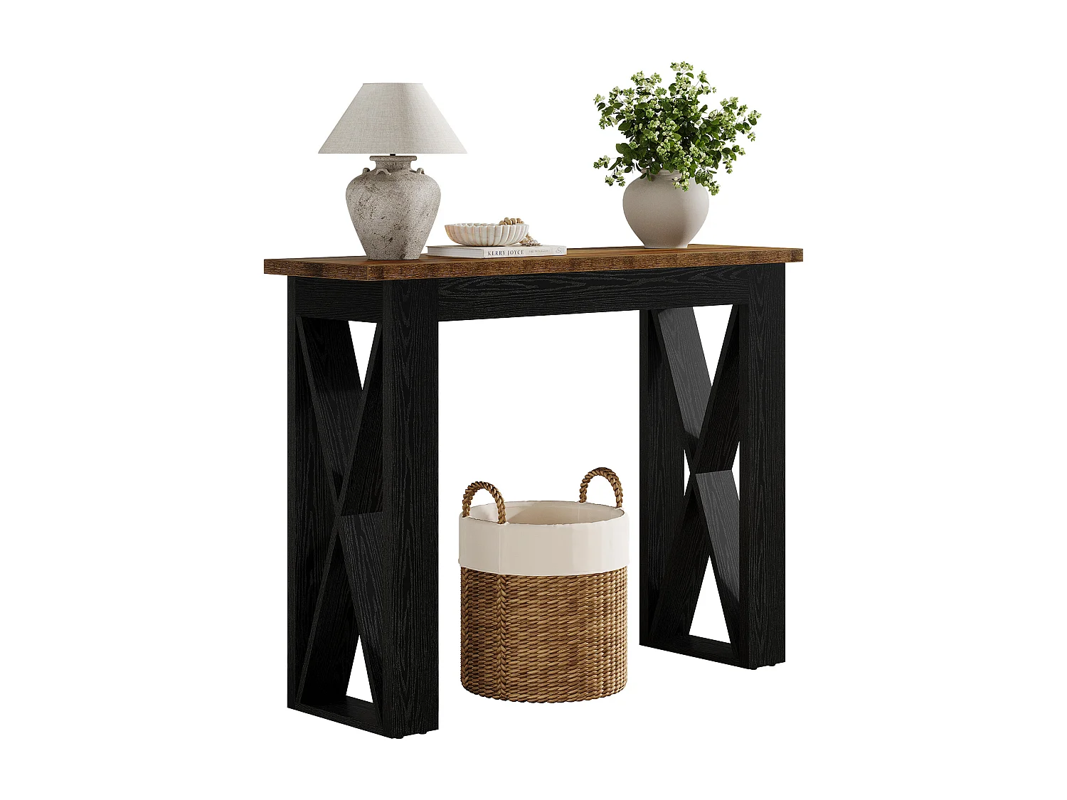 Consoletafel van 105 cm, smalle bijzettafel in landelijke stijl voor achter de bank, accenttafel met X-vormige poten