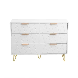 Commode met 6 laden, 60 x 34 x 90 cm, slaapkamercommode, metalen handgrepen en poten, wit