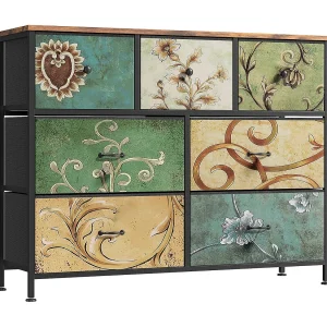 Commode met 7 laden, bohemian kaptafel met houten blad, met stof beklede laden, metalen frame