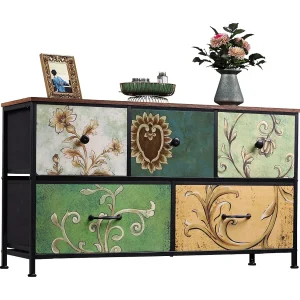 Commode met 5 laden, slaapkamerkast met retro bloemenpatroon, metalen frame en stoffen laden.