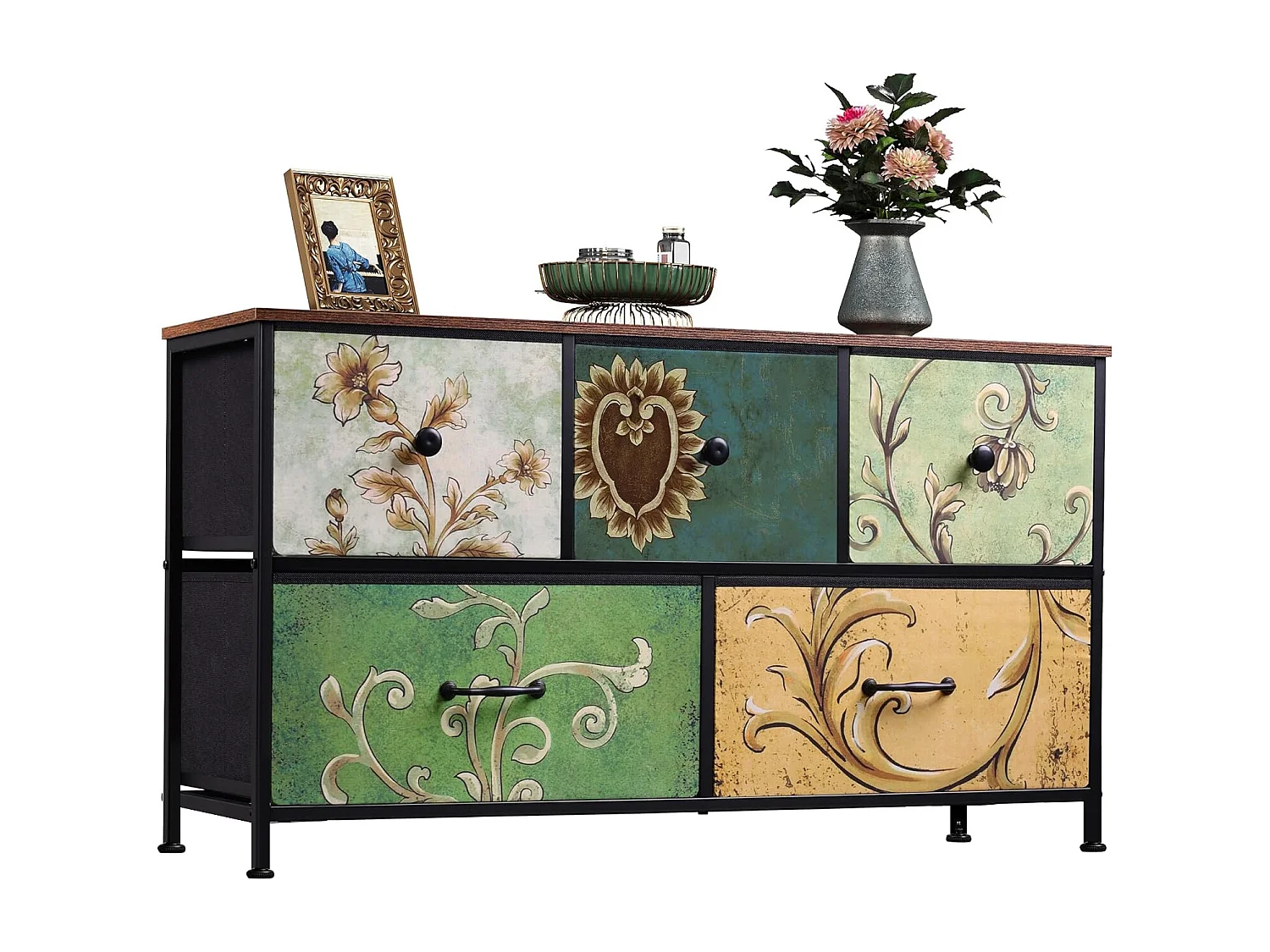 Commode met 5 lades voor de slaapkamer, opbergkast met metalen frame, meerkleurig