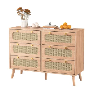 Commode met 6 laden van natuurlijk rotan, bohemian stijl, voor slaap- of woonkamer, houtkleur Commode met 6 laden van natuurlijk rotan, bohemian stijl, voor slaap- of woonkamer, houtkleur
