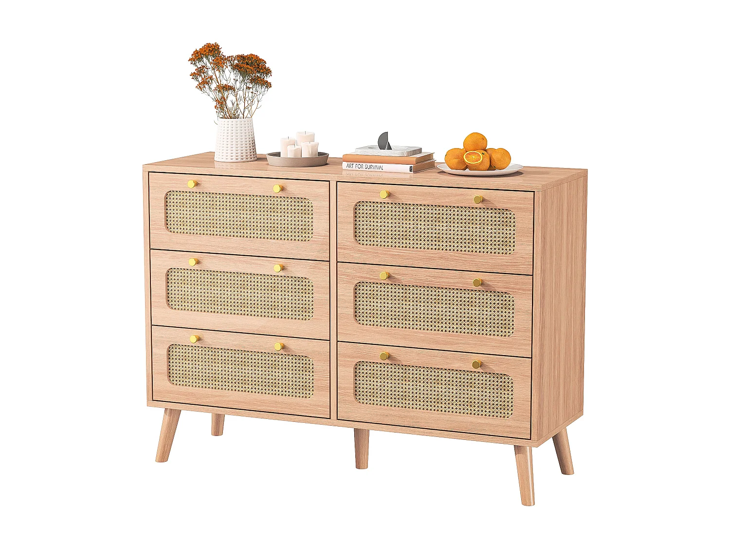 Commode met 6 laden van natuurlijk rotan, bohemian stijl, voor slaap- of woonkamer, houtkleur