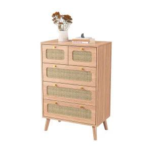 Commode met 5 lades, slaapkamercommode, opbergmeubel van hout en rotan, voor woonkamer, slaapkamer, hout