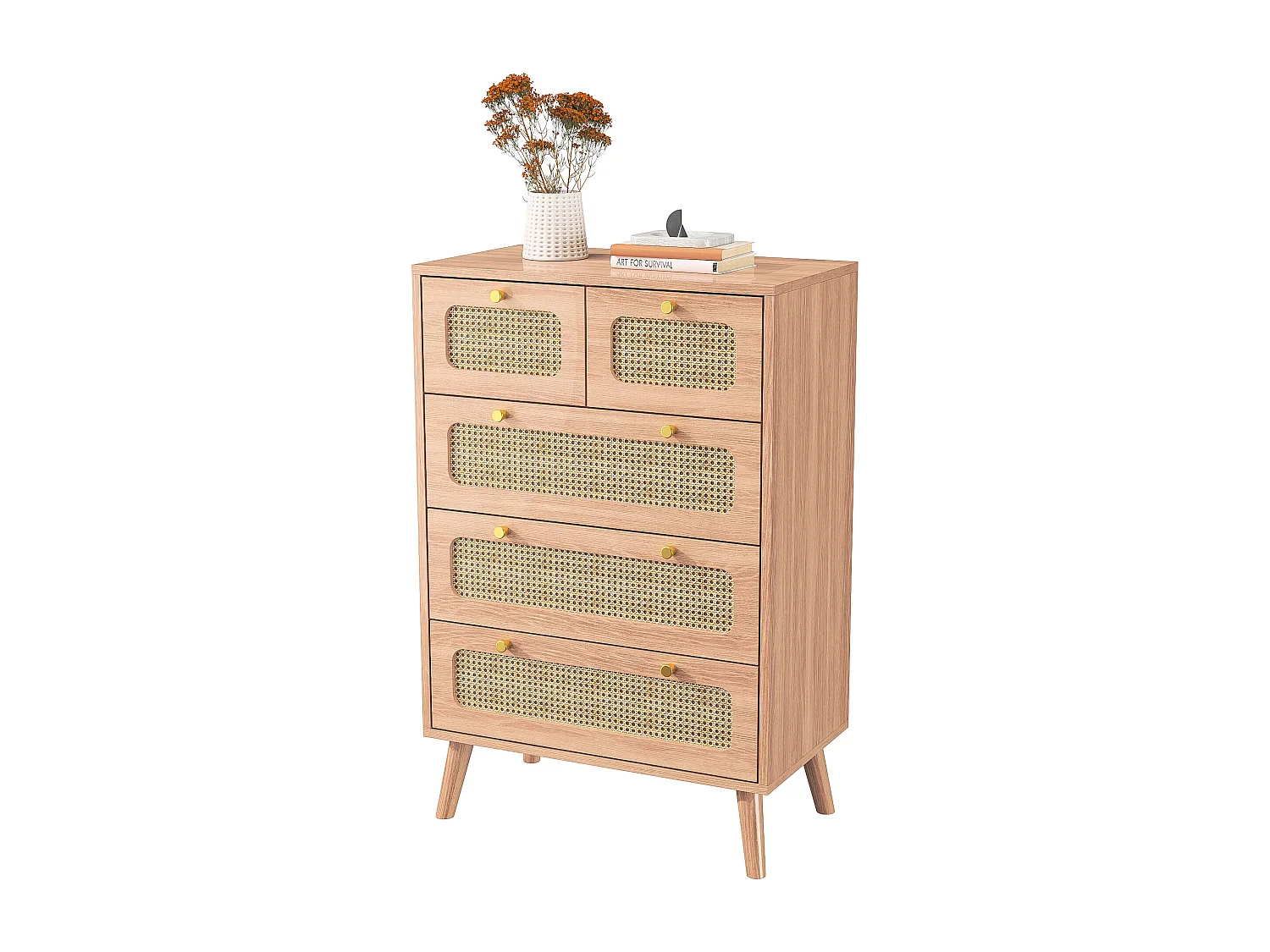 Commode met 5 lades, slaapkamercommode, opbergmeubel van hout en rotan, voor woonkamer, slaapkamer, hout