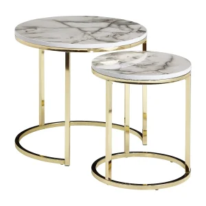 Bijzettafel set van 2 – Wit marmerlook – Modern en decoratief metaal goud Bijzettafel set van 2 – Wit marmerlook – Modern en decoratief metaal goud