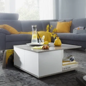 design salontafel 70×70 cm cement grijs / wit | Salontafel met 2 laden | Salontafel met wielen | Tafel met 2 compartimenten