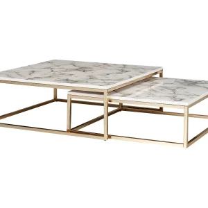 Salontafelset van 2 – Wit marmerlook – Metalen frame goud, modern design Salontafelset van 2 – Wit marmerlook – Metalen frame goud, modern design