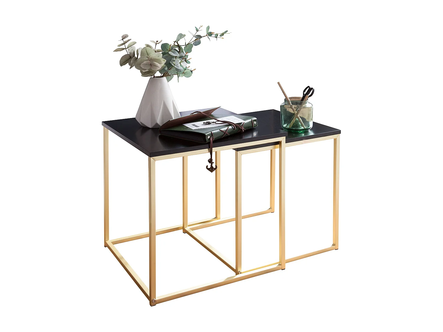 Bijzettafel set CALA - Zwart/goud MDF/metaal - Moderne nesttafels