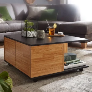 design salontafel 70×70 cm antraciet / zand eiken | Salontafel met 2 laden | Salontafel met wielen | Tafel met 2 compartimenten