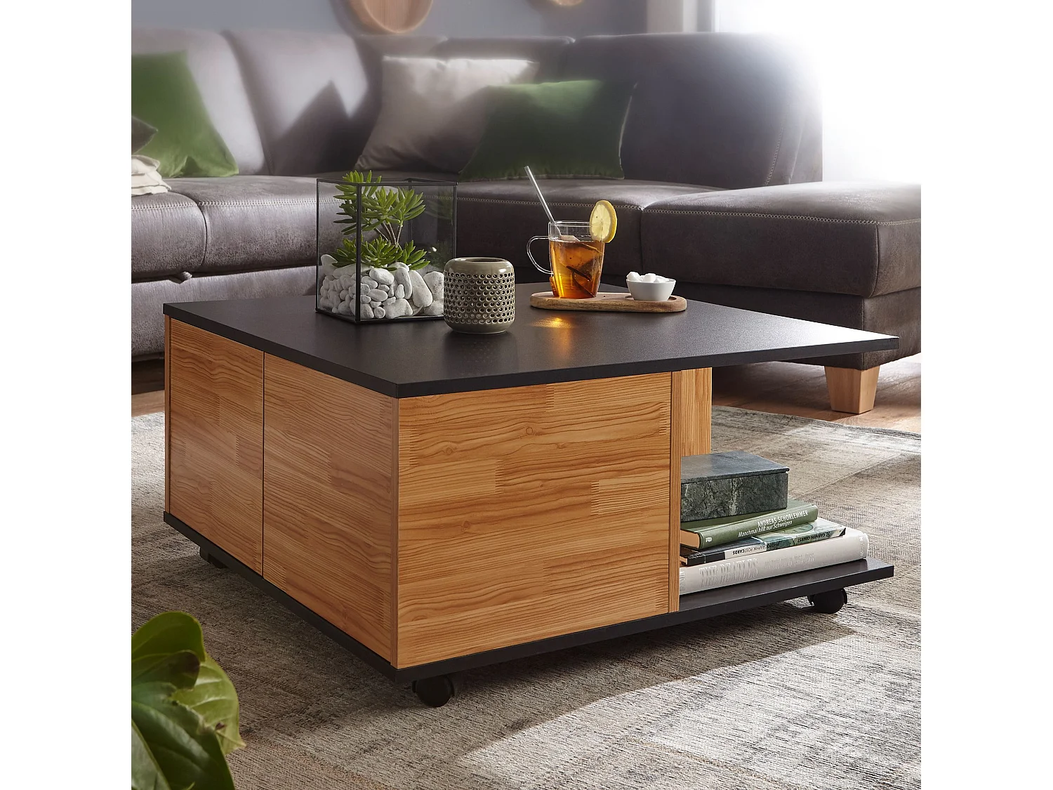design salontafel 70x70 cm antraciet / zand eiken | Salontafel met 2 laden | Salontafel met wielen | Tafel met 2 compartimenten