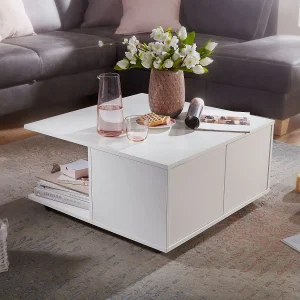 design salontafel 70×70 cm wit | Salontafel met 2 laden | Salontafel met wielen | Tafel met 2 compartimenten