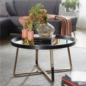 design salontafel rond Ã˜ 78 cm donker goud met spiegelglas | Salontafel zwart metalen frame