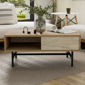 Design salontafel van hout en travertijn met compartiment TROSA