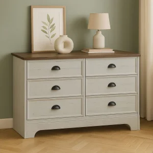 Commode 6 laden wit en hout 120cm VALLA – Stijlvol en functioneel landelijk Commode 6 laden wit en hout 120cm VALLA – Stijlvol en functioneel landelijk