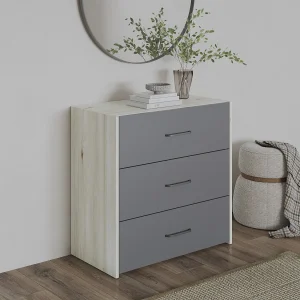 Commode Malmo, 3 Laden, Wit eiken/Antraciet, 80 x 42 x 80 cm