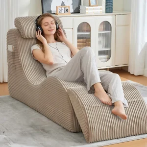 Chaise Longge in Katoenen Corduroy – Ergonomisch Comfort – 2-in-1 Verwijderbare Zitzak – Draagt 200 kg – Perfect voor Woonkamer & Kantoor