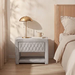 Nachtkastje met 1 lade en 1 nis beige velours stof – DANIELE