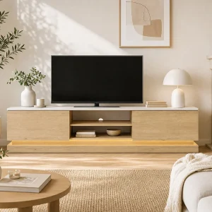 TV-meubel 2 lades en 2 nissen met LED's in MDF – Licht naturel en wit marmereffect – DEVIKA TV-meubel 2 lades en 2 nissen met LED's in MDF – Licht naturel en wit marmereffect – DEVIKA
