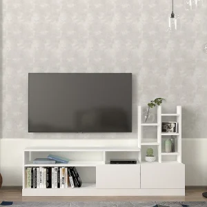 "Dolunay" Houten TV-meubel – Wit, 164 x 25 x 91 cm, 10 planken, 2 deuren "Dolunay" Houten TV-meubel – Wit, 164 x 25 x 91 cm, 10 planken, 2 deuren