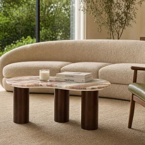 Salontafel van marmer en acaciahout – Beige en Donker Naturel – DALIZAY Salontafel van marmer en acaciahout – Beige en Donker Naturel – DALIZAY
