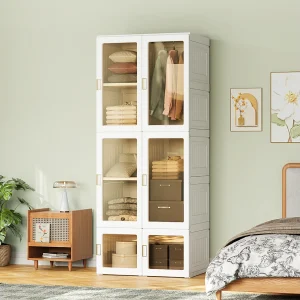 Draagbare opvouwbare kledingkast met 8 compartimenten en 6 transparante deuren, PP-structuur, 170x69x50cm – Grote capaciteit 590L Draagbare opvouwbare kledingkast met 8 compartimenten en 6 transparante deuren, PP-structuur, 170x69x50cm – Grote capaciteit 590L
