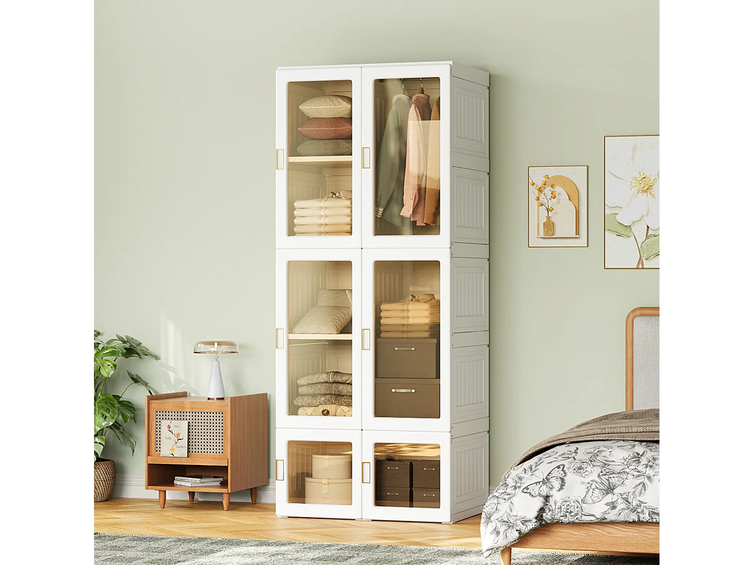 Draagbare opvouwbare kledingkast met 8 compartimenten en 6 transparante deuren, PP-structuur, 170x69x50cm - Grote capaciteit 590L