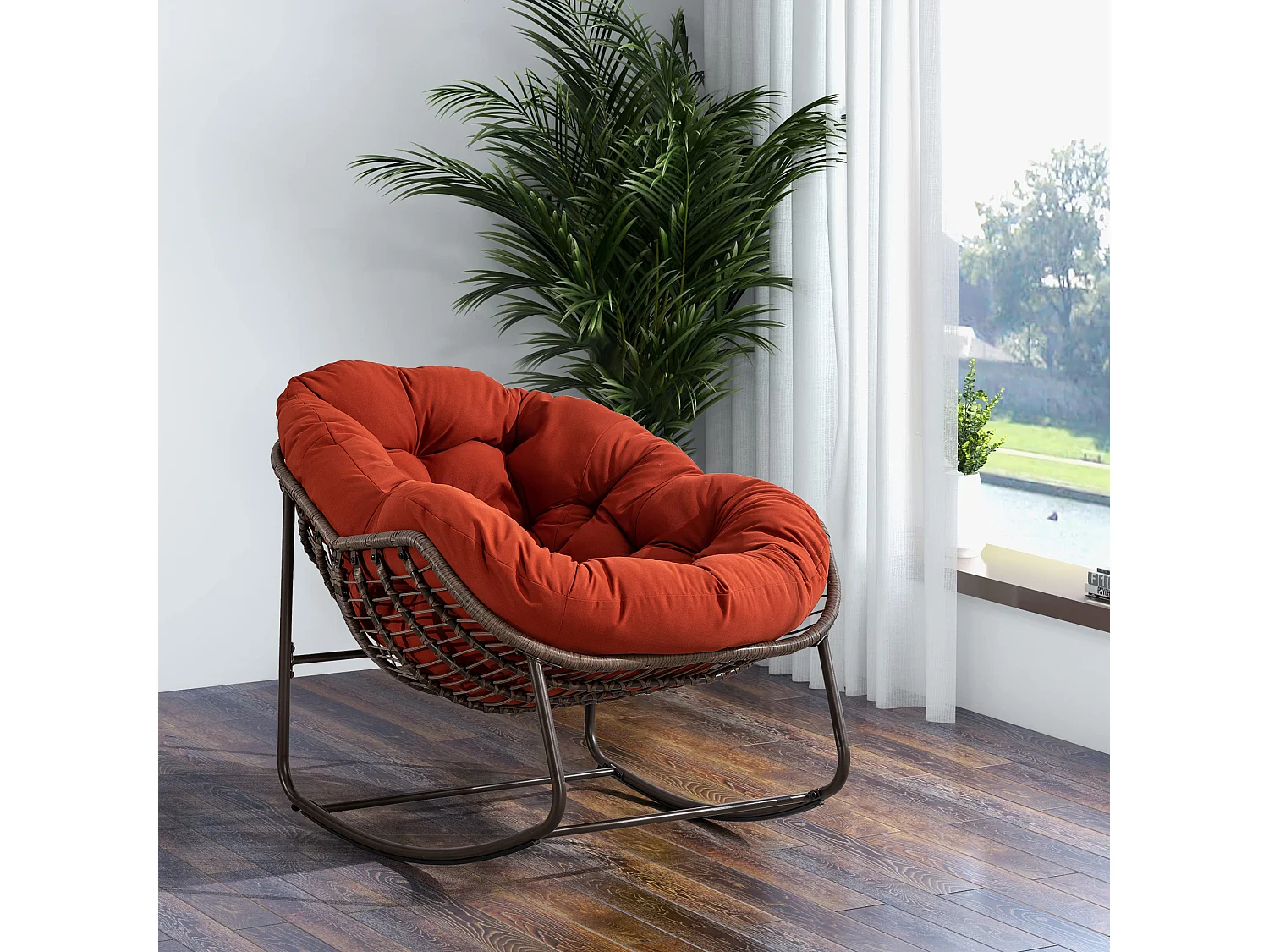 Buiten Rotan Schommelstoel, Schommelstoel met Gevoerd Kussen Buiten Patio Tuin Veranda Woonkamer Oranje